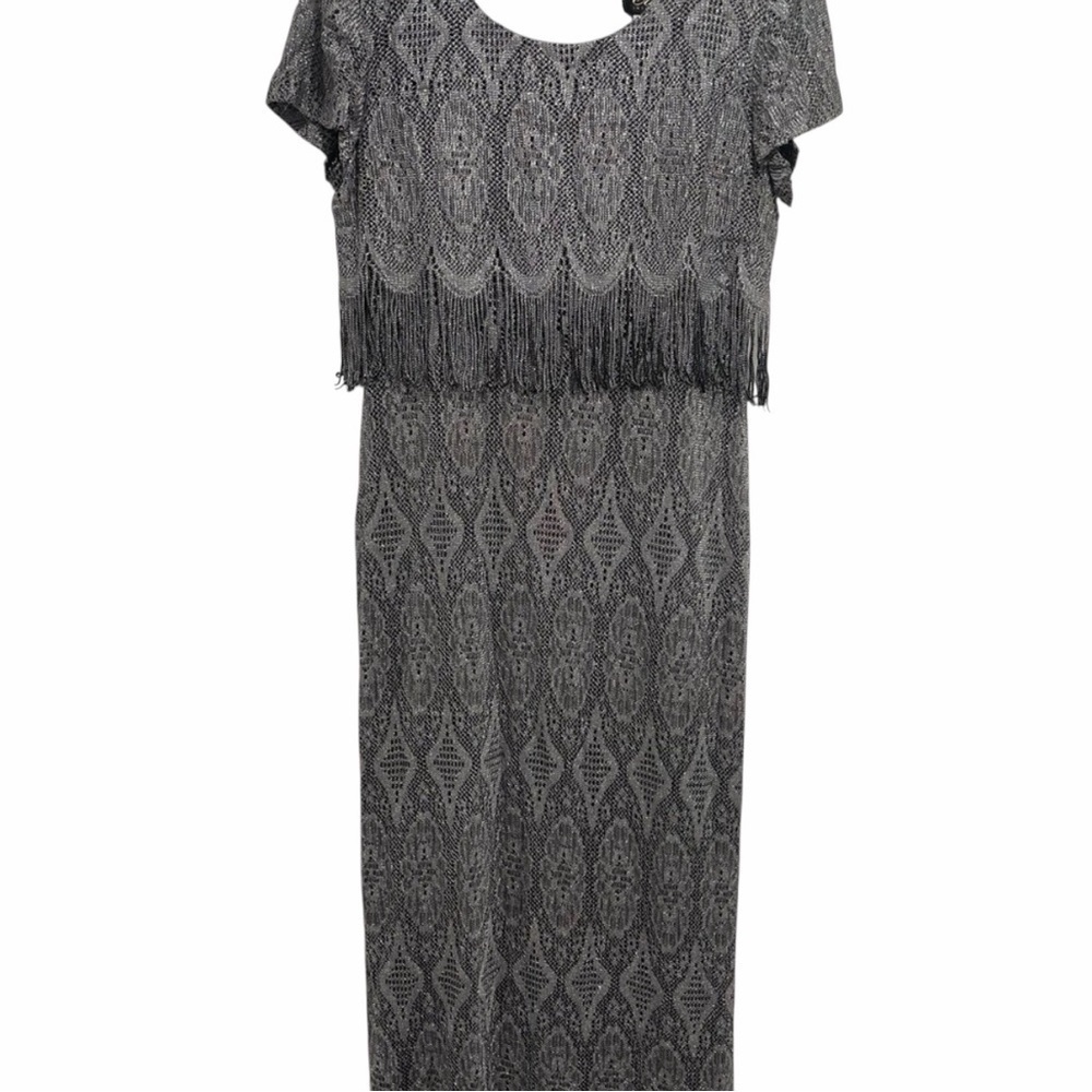 2/$40 Vintage Cartise Gray Silver Short Sleeve Lace Fringe Maxi Dress Scoop Neck